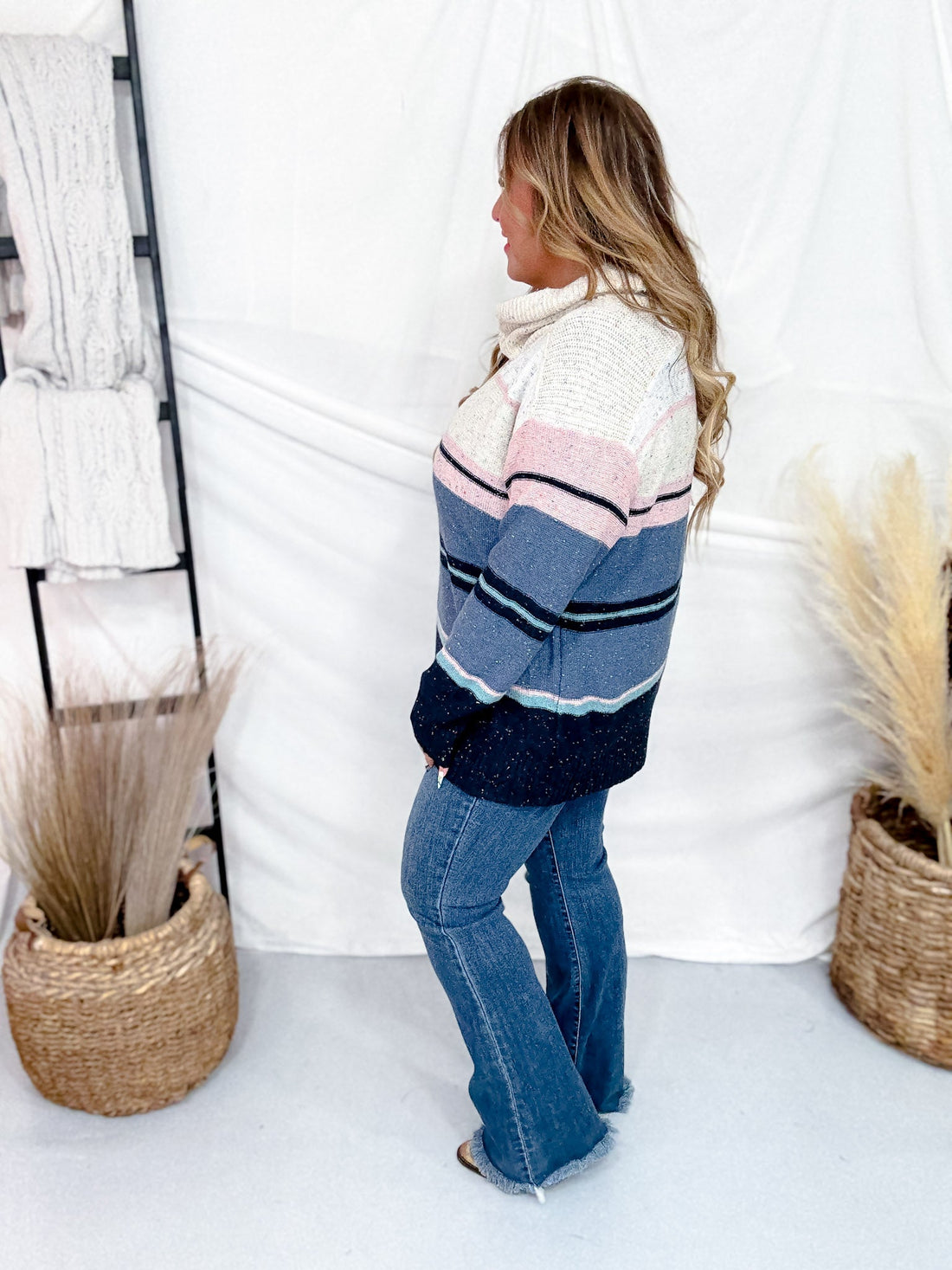 Multi Colored Cowl Neck Sweater With Stripes - Whiskey Skies - ANDREE BY UNIT
