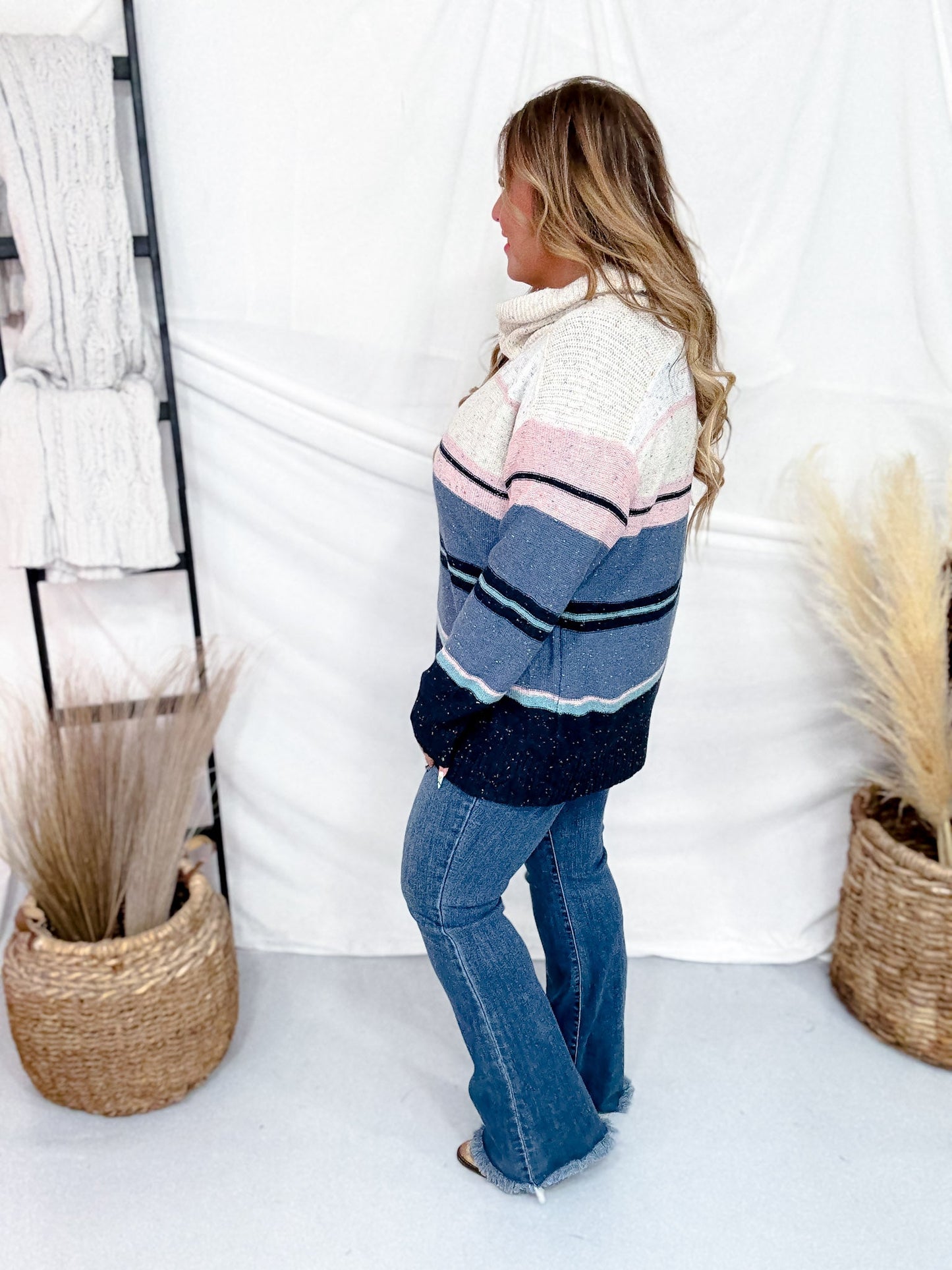 Multi Colored Cowl Neck Sweater With Stripes - Whiskey Skies - ANDREE BY UNIT