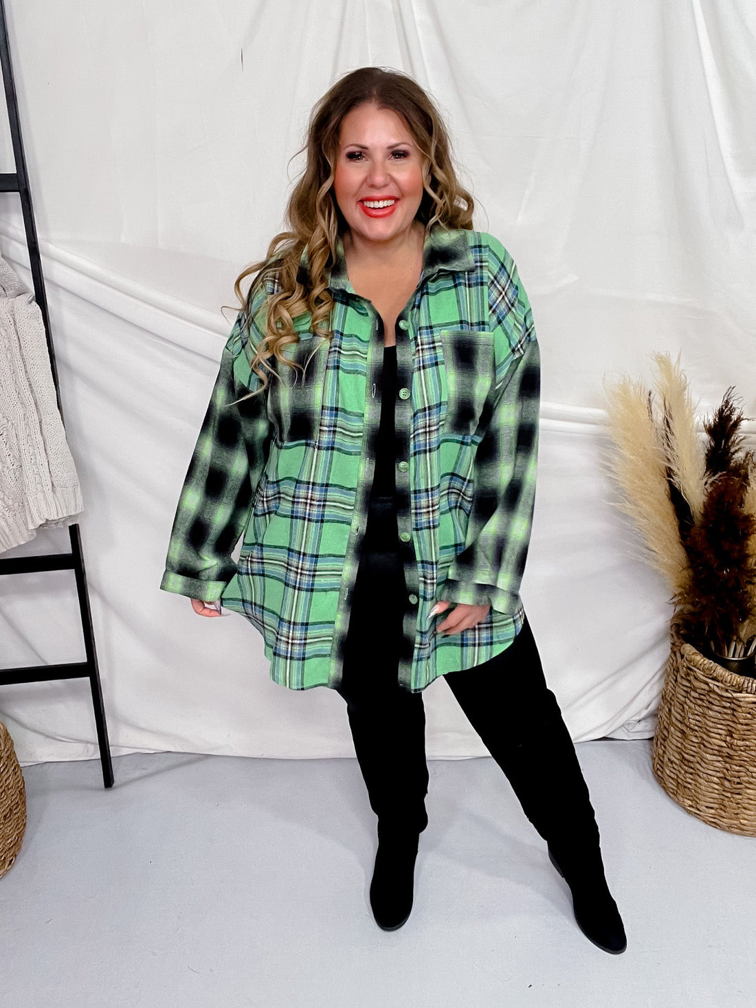 Multi Colored Green Plaid Flannel Top - Whiskey Skies - JNNA