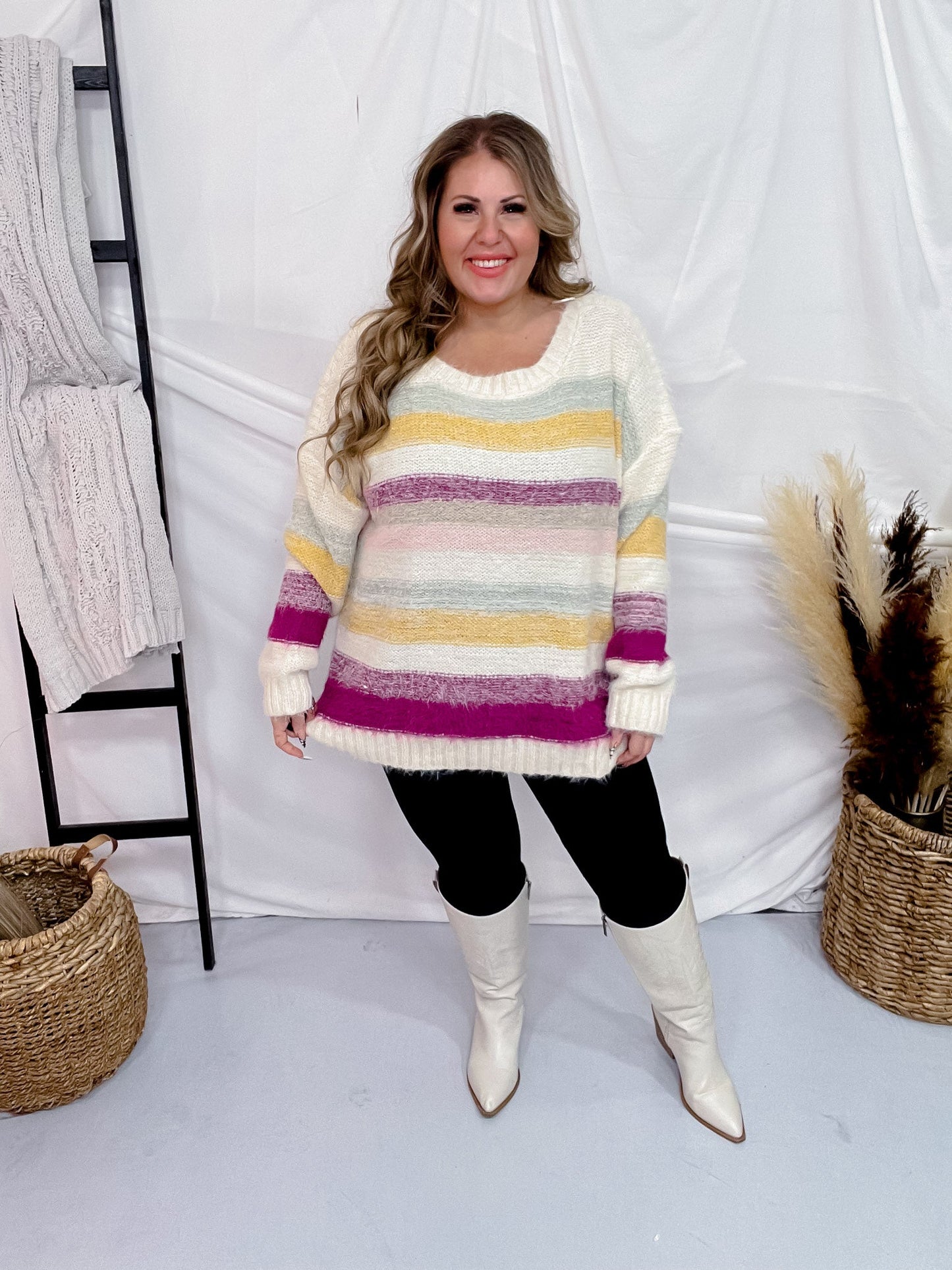 Multi Colored Striped Fuzzy Sweater - Whiskey Skies - GILLI