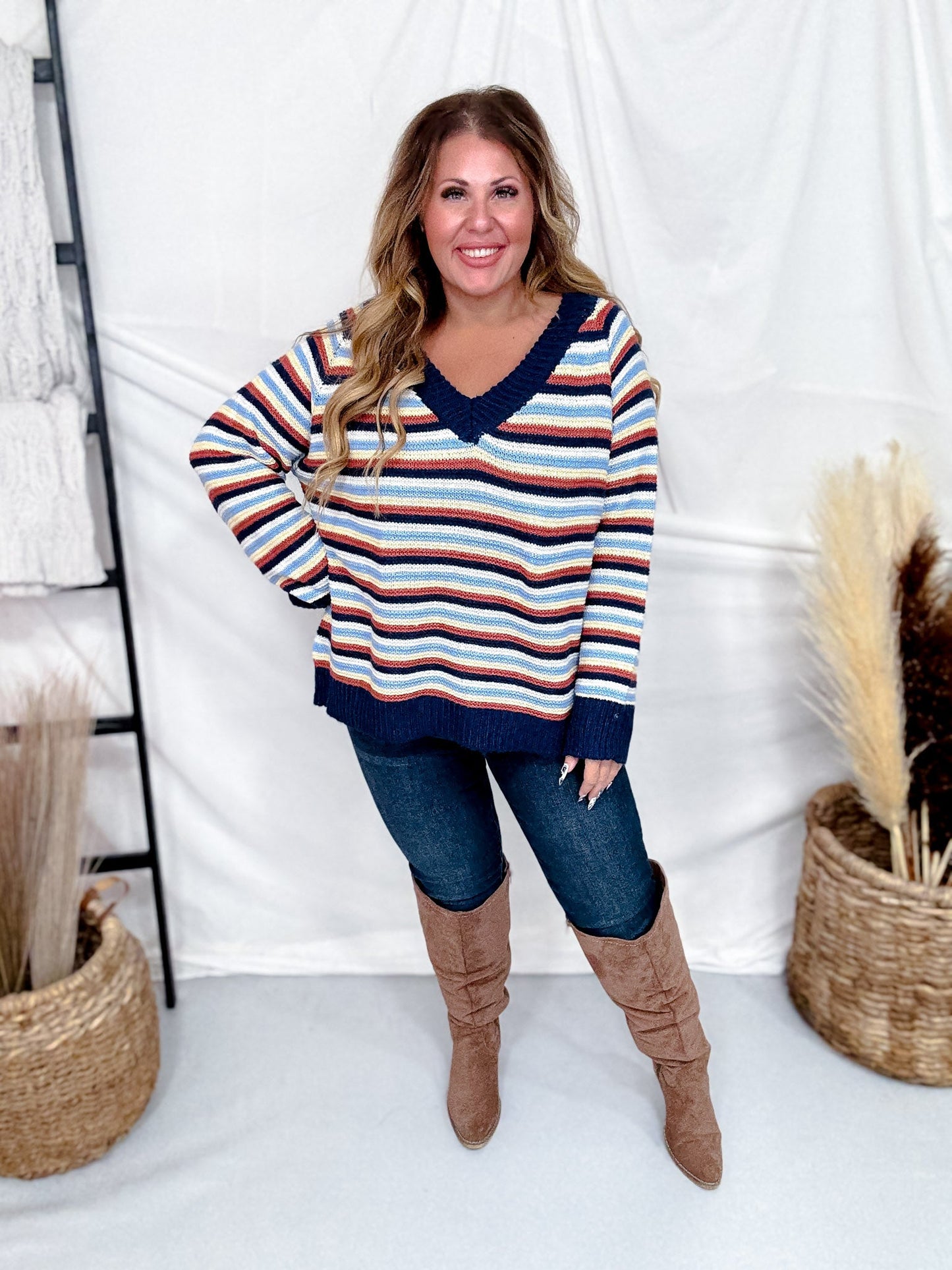 Multi Colored Striped V - Neck Sweater Top - Whiskey Skies - J.NNA
