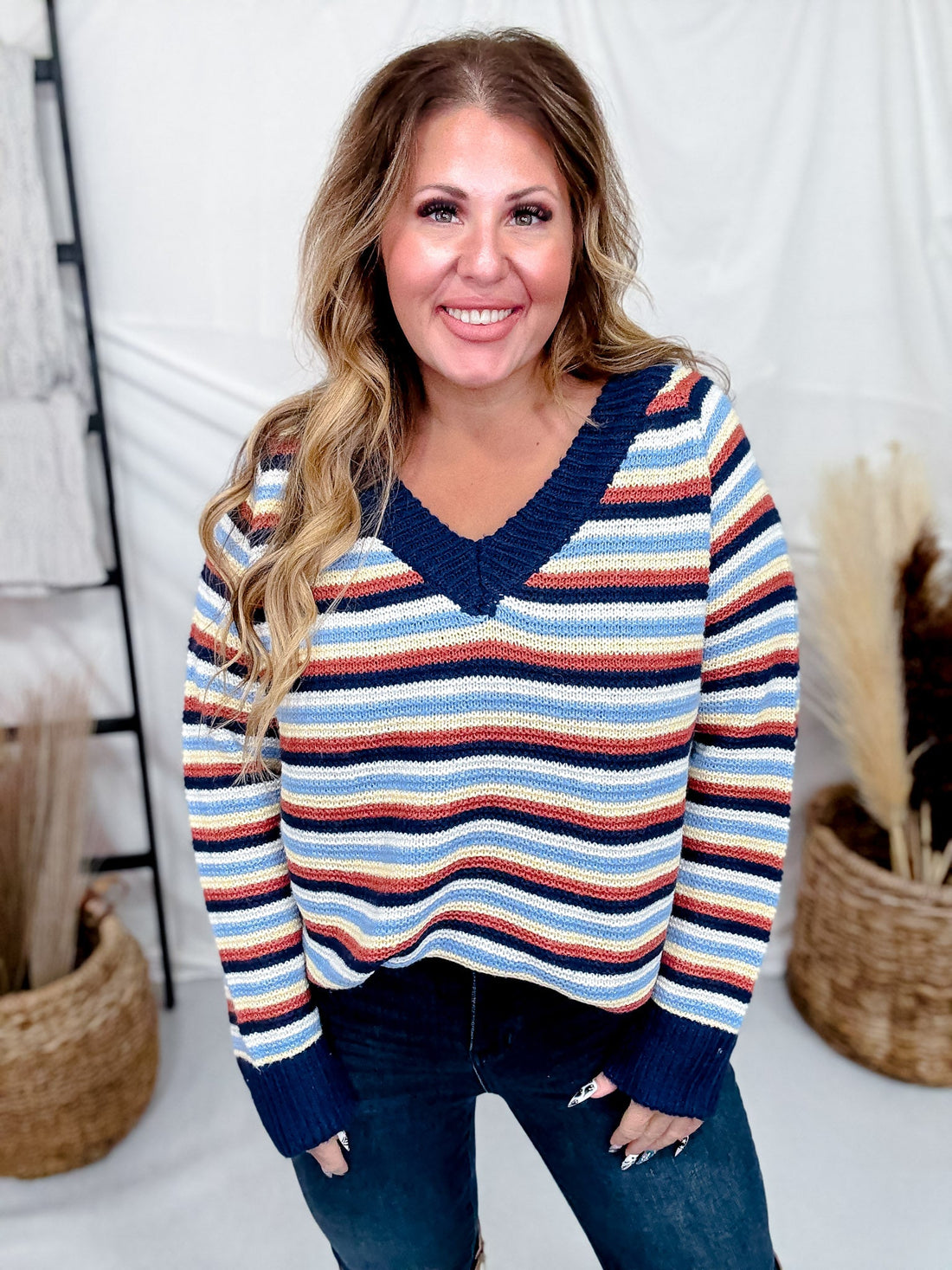 Multi Colored Striped V - Neck Sweater Top - Whiskey Skies - J.NNA