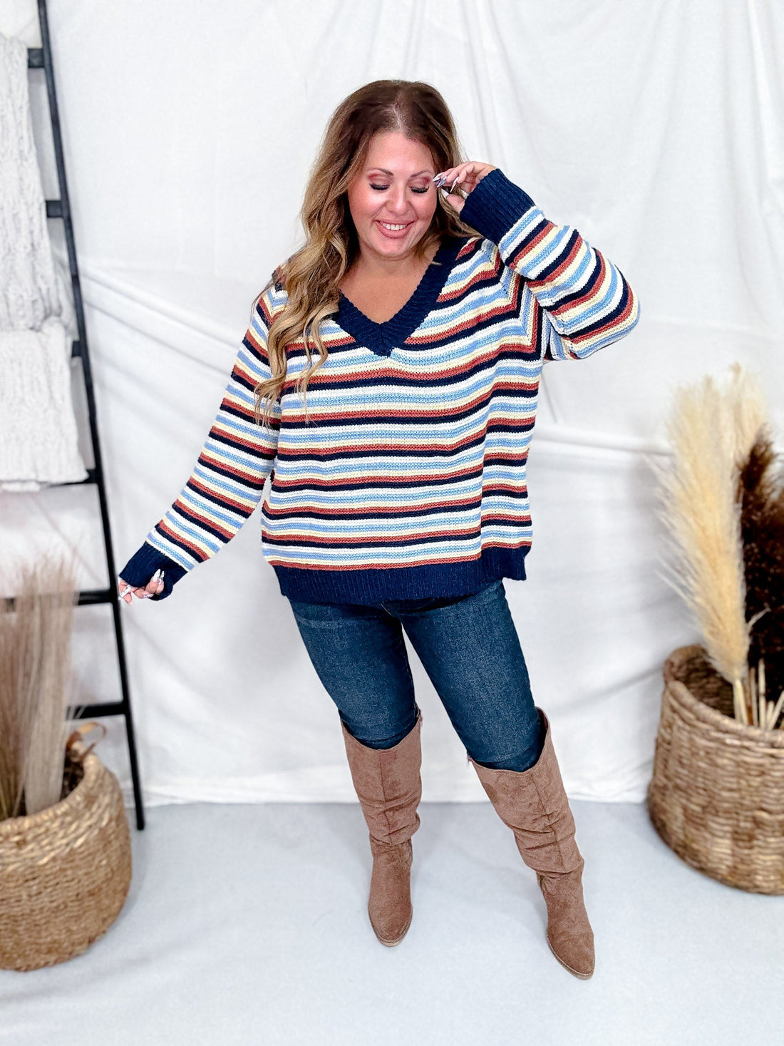 Multi Colored Striped V - Neck Sweater Top - Whiskey Skies - J.NNA