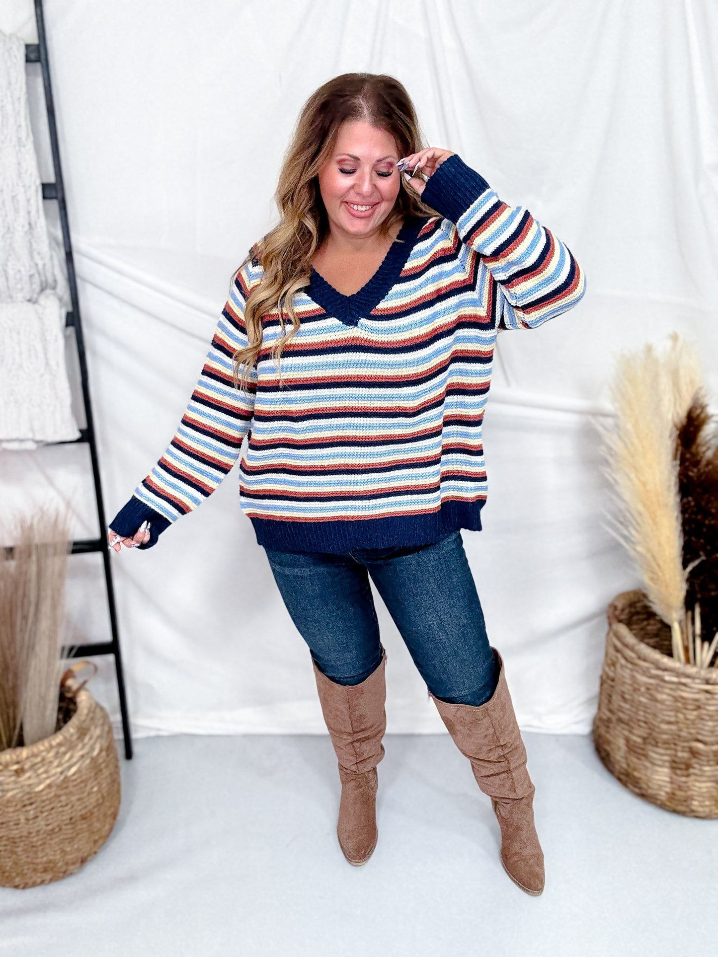 Multi Colored Striped V - Neck Sweater Top - Whiskey Skies - J.NNA