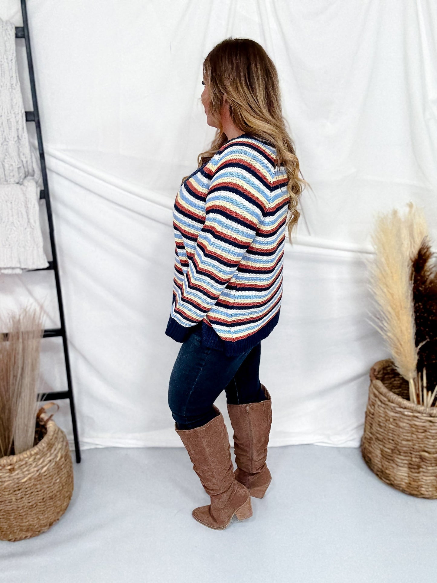 Multi Colored Striped V - Neck Sweater Top - Whiskey Skies - J.NNA