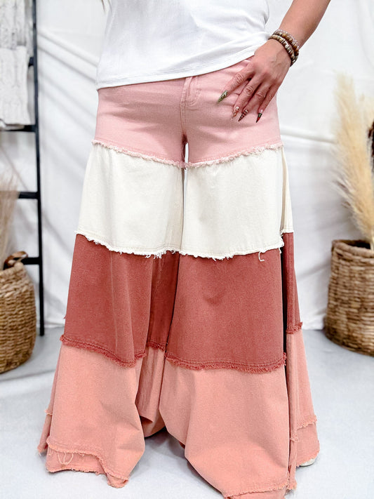 Multi Dusty Rose & Coral Denim Wide Leg Pants - Whiskey Skies - BLUEVELVET