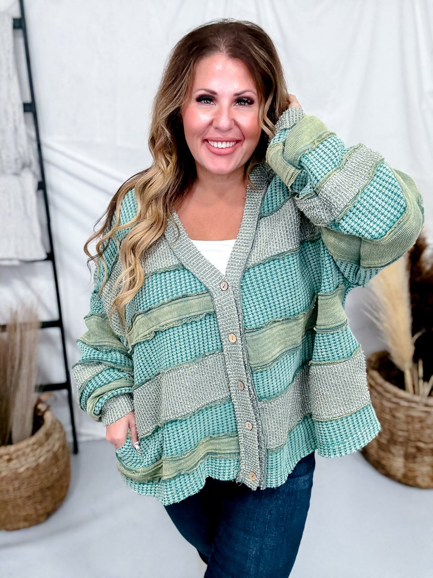 Multi Green Washed Color Block & Patchwork Cardigan - Whiskey Skies - OLI & HALI