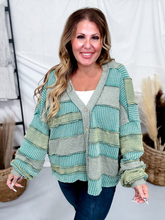 Multi Green Washed Color Block & Patchwork Cardigan - Whiskey Skies - OLI & HALI