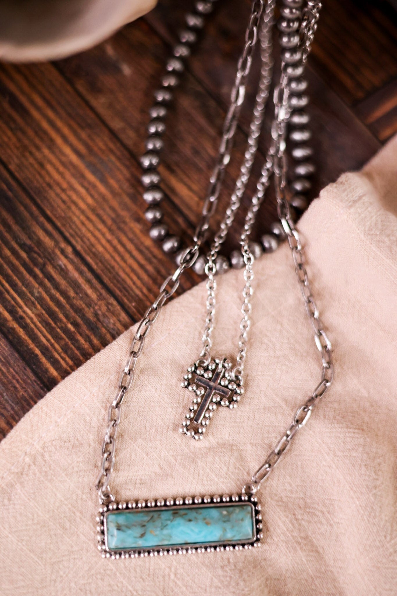 Multi Layered Cross Necklace with Stone Pendant - Whiskey Skies - BOHO RANCH SHOP