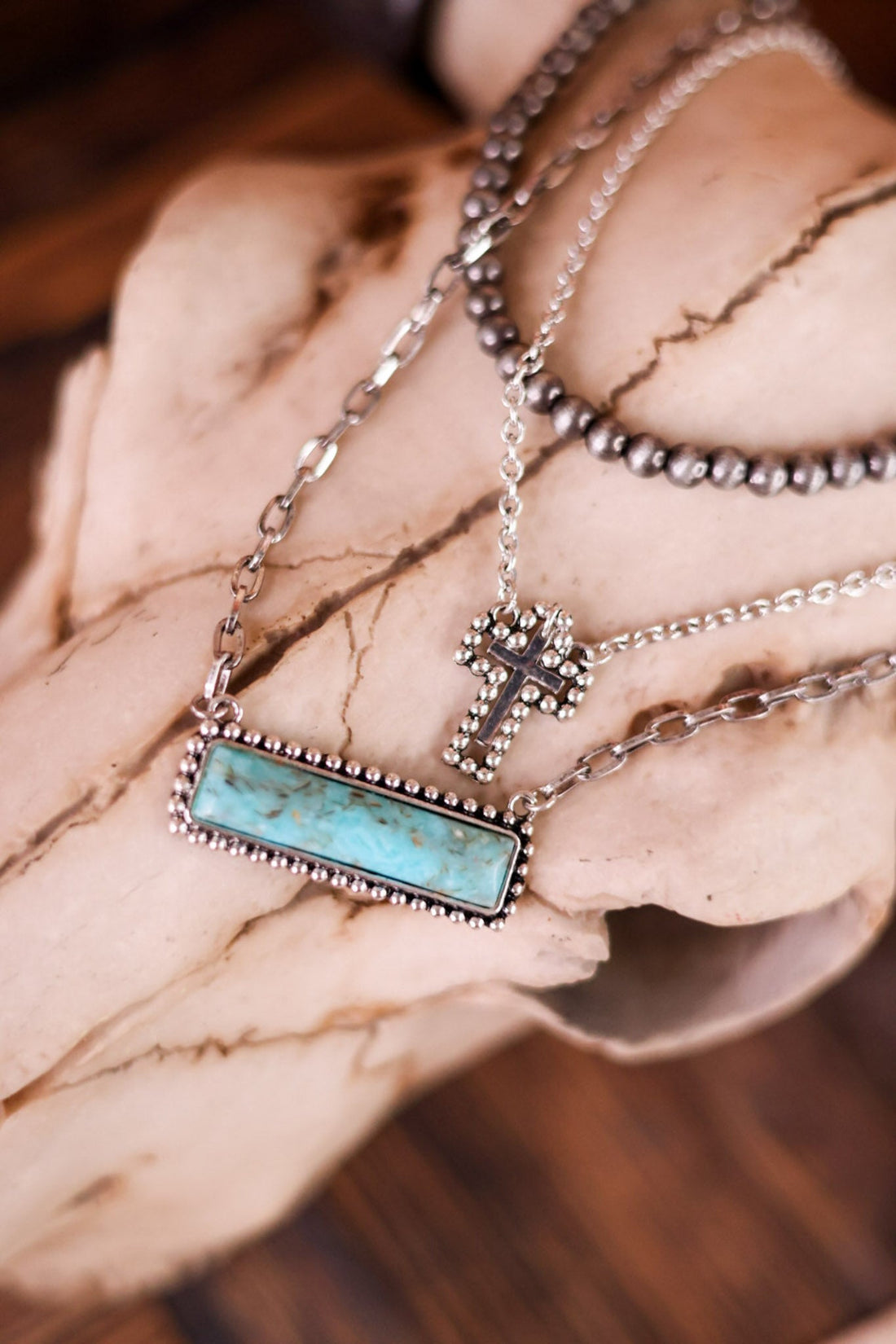 Multi Layered Cross Necklace with Stone Pendant - Whiskey Skies - BOHO RANCH SHOP