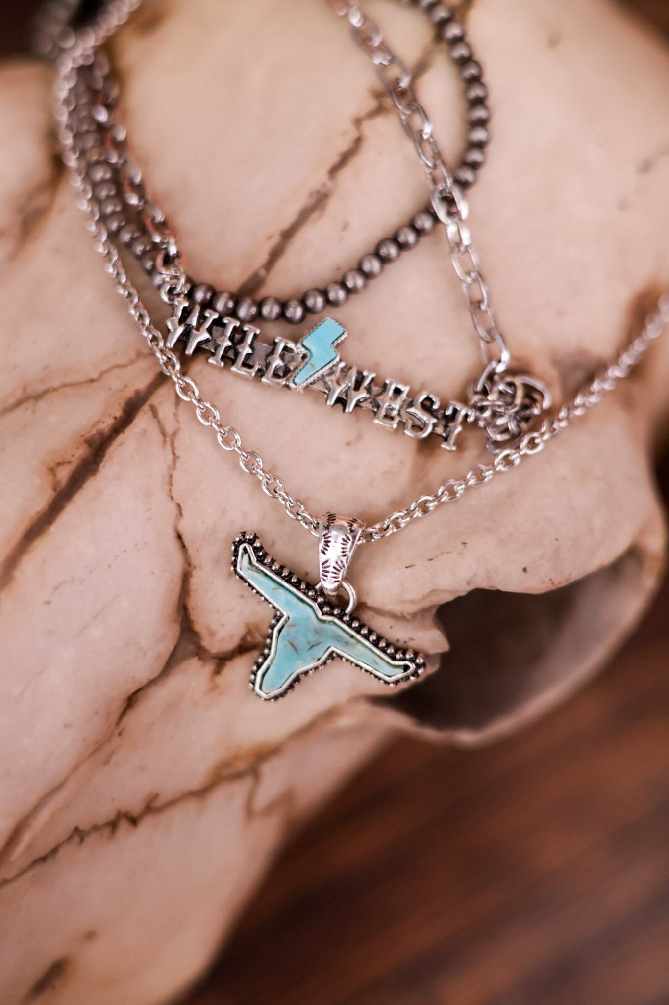 Multi Layered Necklace with Blue Stone Steer - Whiskey Skies - BOHO RANCH SHOP