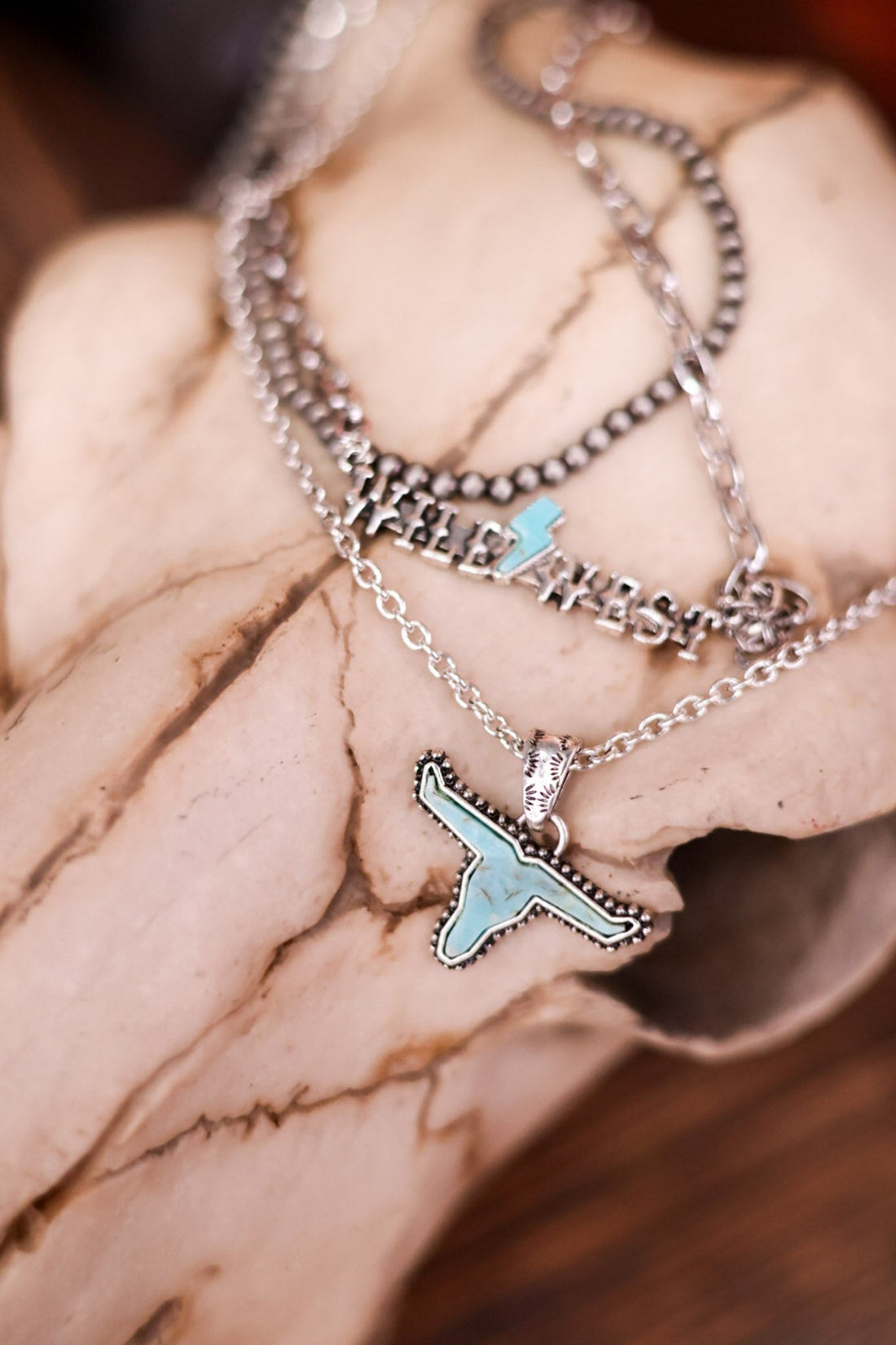 Multi Layered Necklace with Blue Stone Steer - Whiskey Skies - BOHO RANCH SHOP