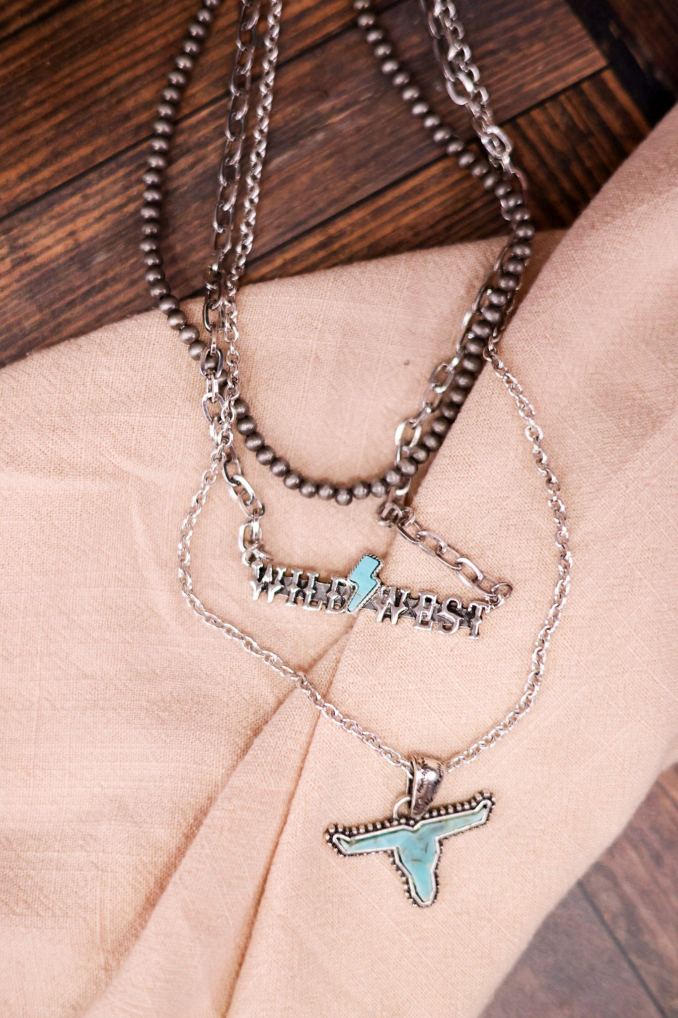 Multi Layered Necklace with Blue Stone Steer - Whiskey Skies - BOHO RANCH SHOP
