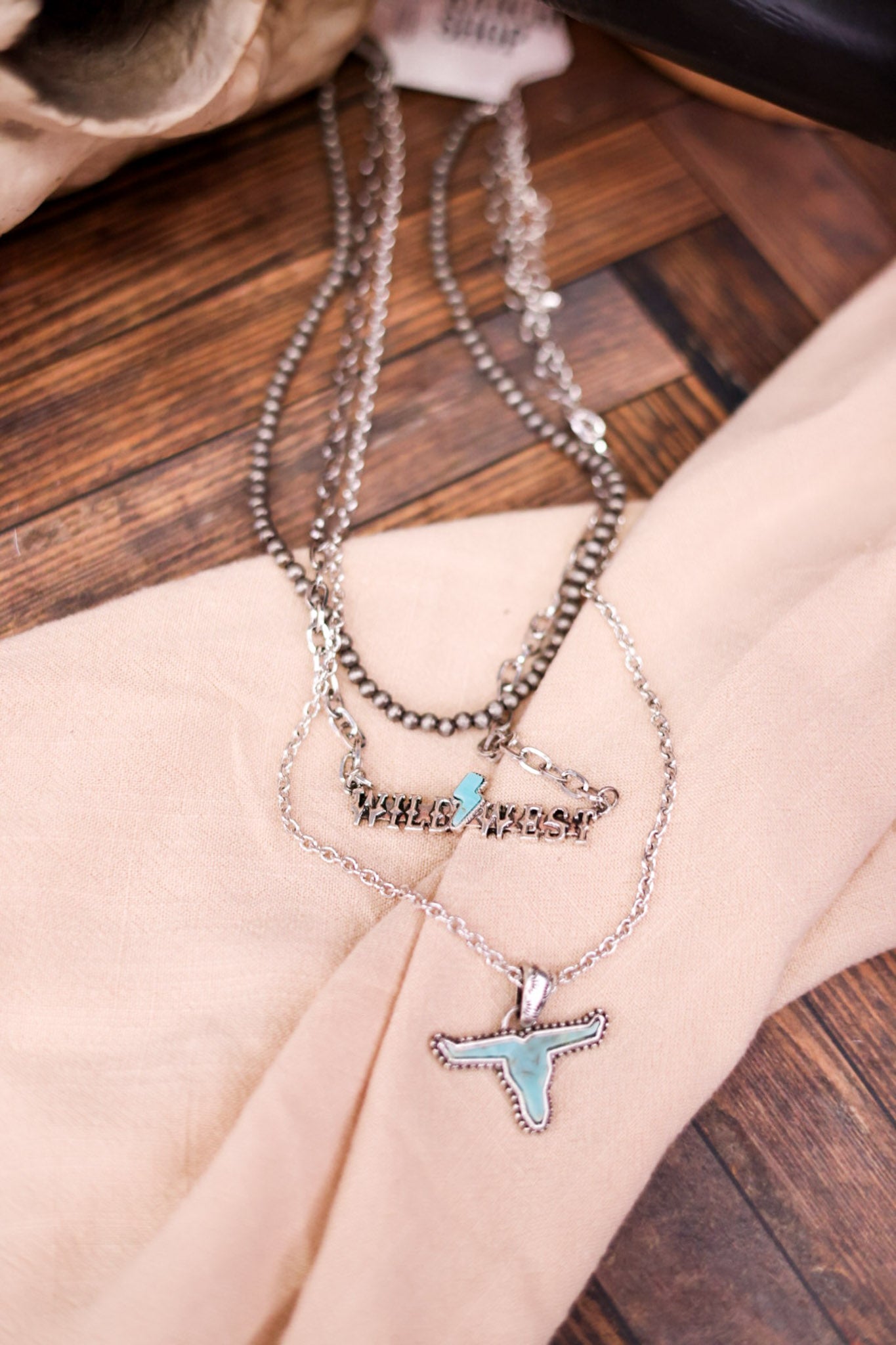 Multi Layered Necklace with Blue Stone Steer - Whiskey Skies - BOHO RANCH SHOP