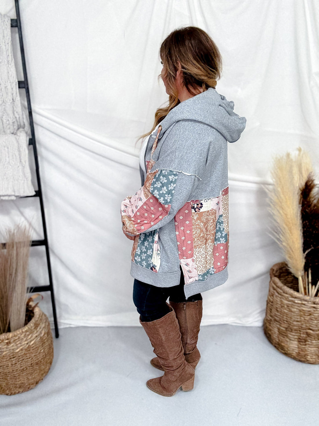 Multi Pattern & Color Fabric Patched Hoodie Jacket - Whiskey Skies - J.NNA