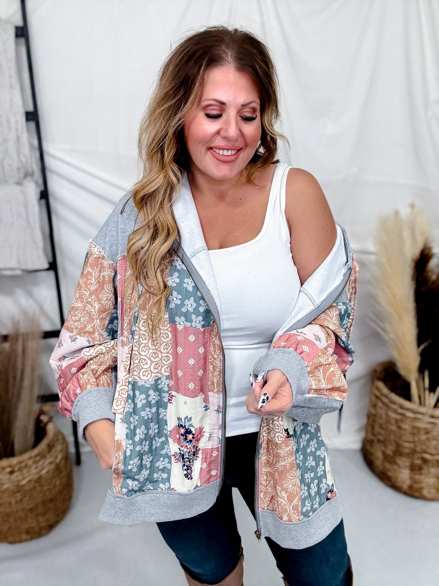 Multi Pattern & Color Fabric Patched Hoodie Jacket - Whiskey Skies - J.NNA