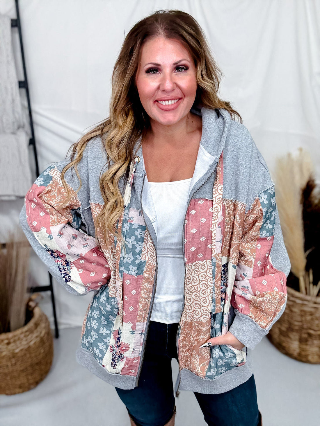 Multi Pattern & Color Fabric Patched Hoodie Jacket - Whiskey Skies - J.NNA