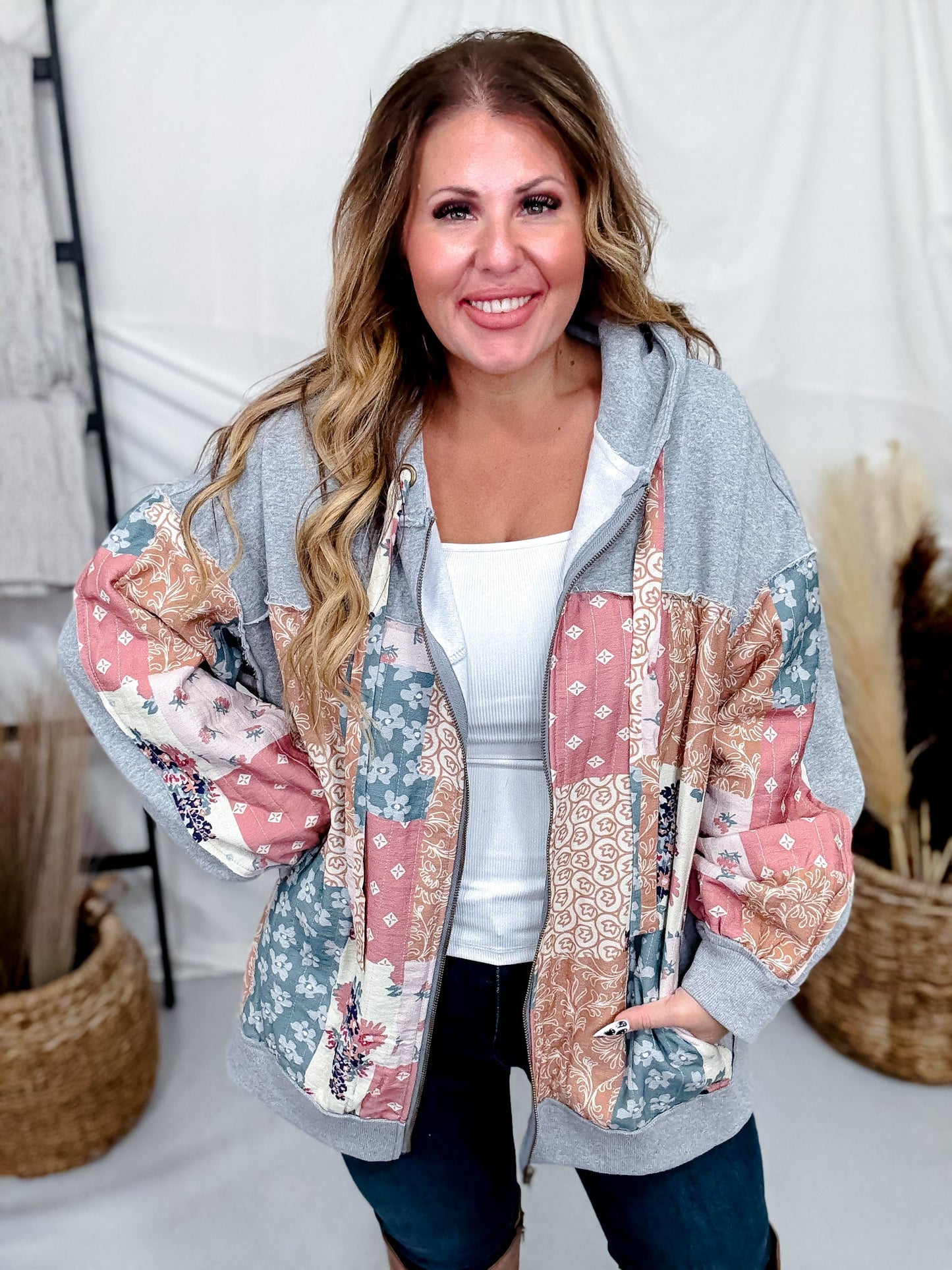 Multi Pattern & Color Fabric Patched Hoodie Jacket - Whiskey Skies - J.NNA