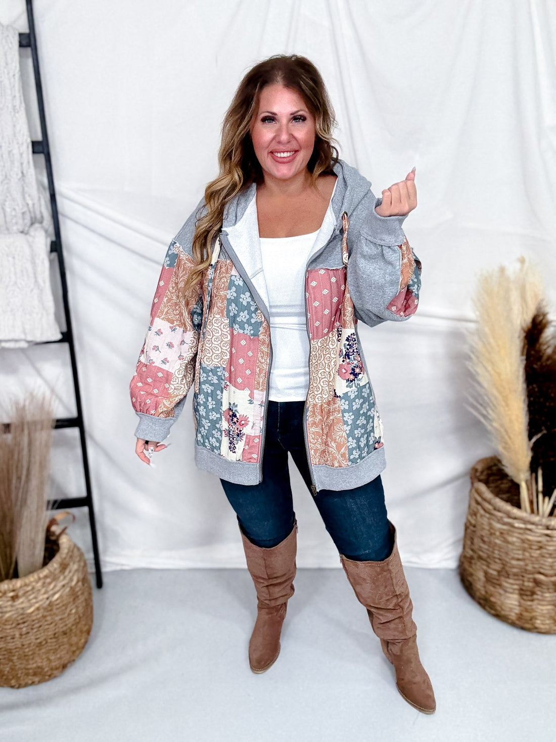 Multi Pattern & Color Fabric Patched Hoodie Jacket - Whiskey Skies - J.NNA