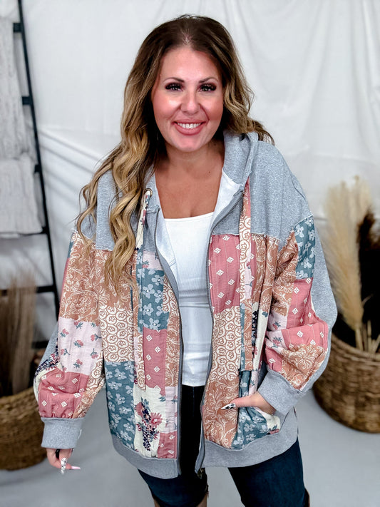 Multi Pattern & Color Fabric Patched Hoodie Jacket - Whiskey Skies - J.NNA