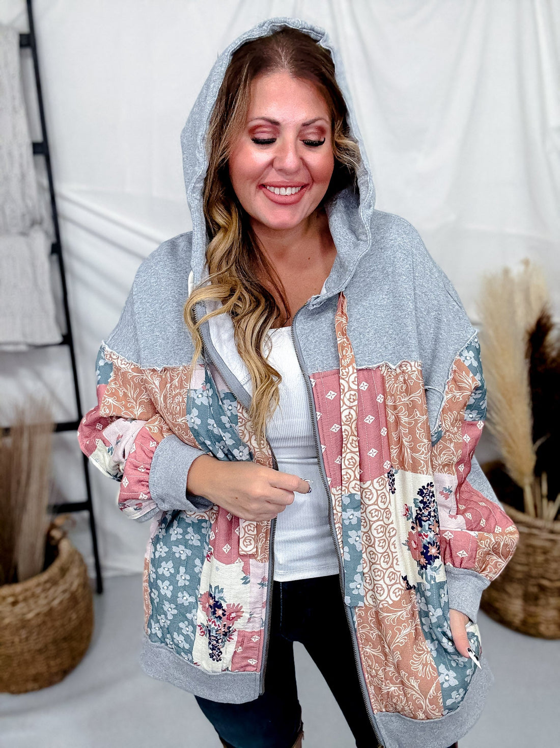 Multi Pattern & Color Fabric Patched Hoodie Jacket - Whiskey Skies - J.NNA