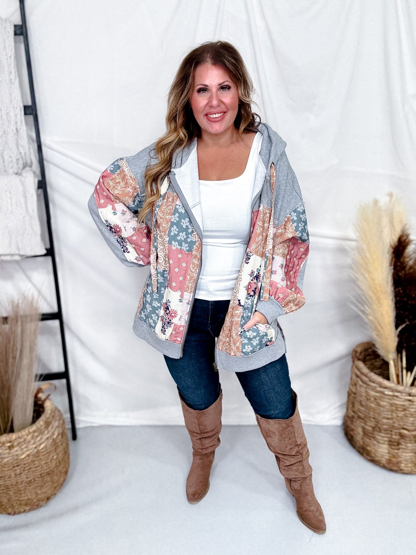 Multi Pattern & Color Fabric Patched Hoodie Jacket - Whiskey Skies - J.NNA