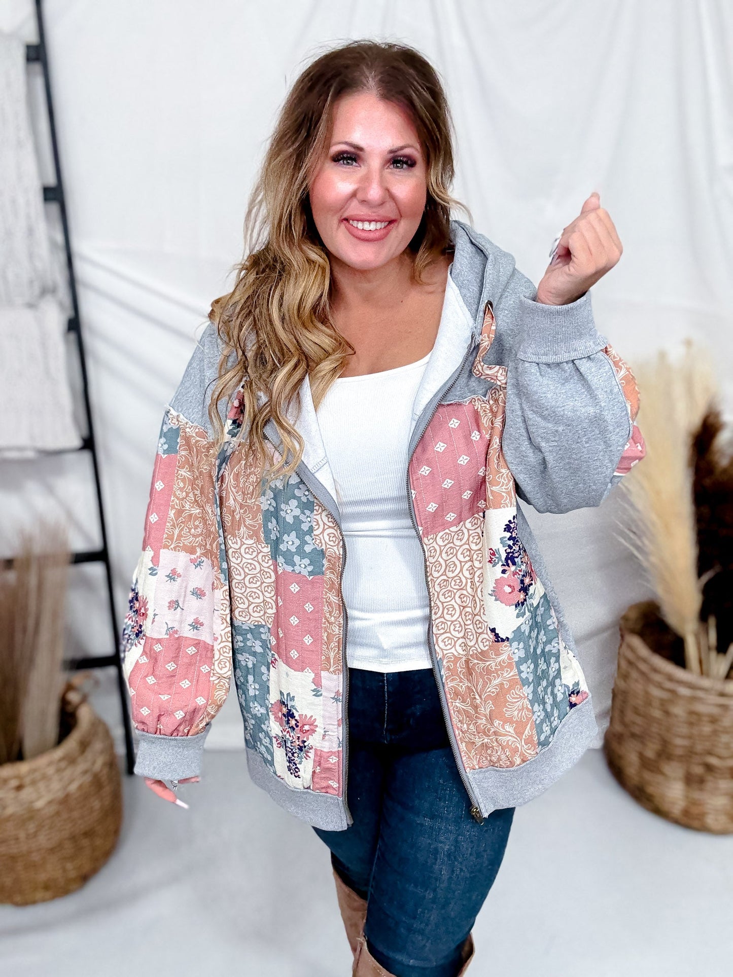 Multi Pattern & Color Fabric Patched Hoodie Jacket - Whiskey Skies - J.NNA