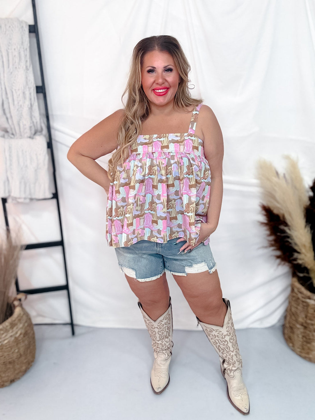 Multicolor Boot Print Flowy Tank Top - Whiskey Skies - 2 FLY CO.