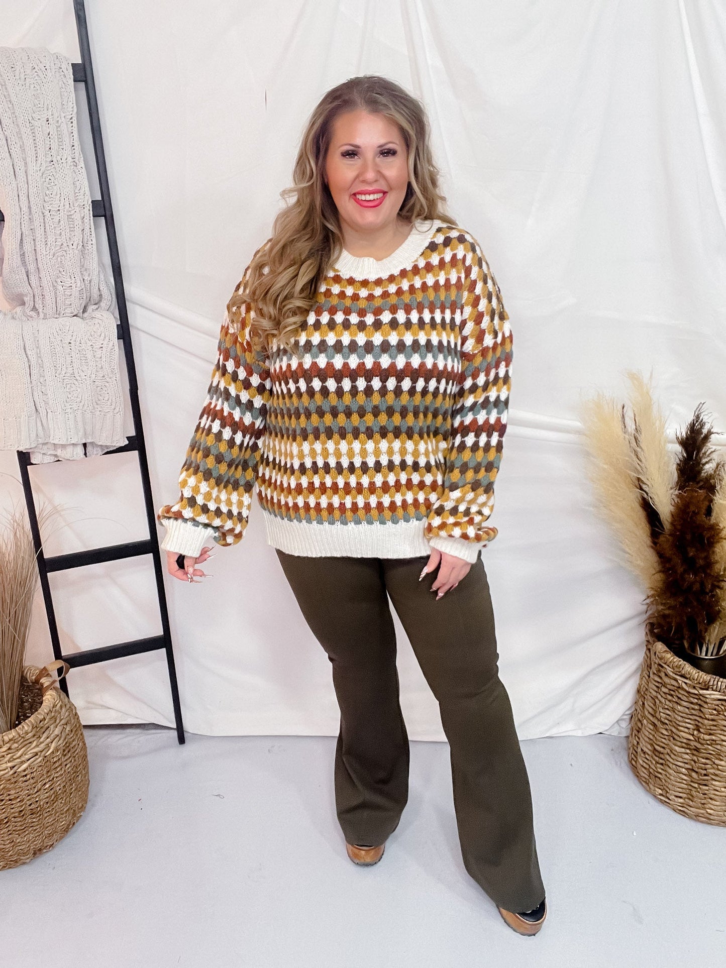 Multicolor Hexagon Knit Sweater - Whiskey Skies - GEEGEE