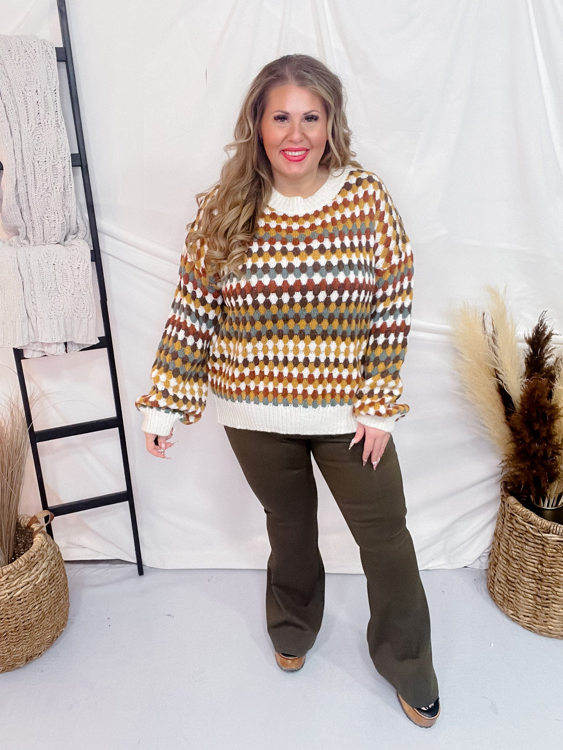 Multicolor Hexagon Knit Sweater - Whiskey Skies - GEEGEE