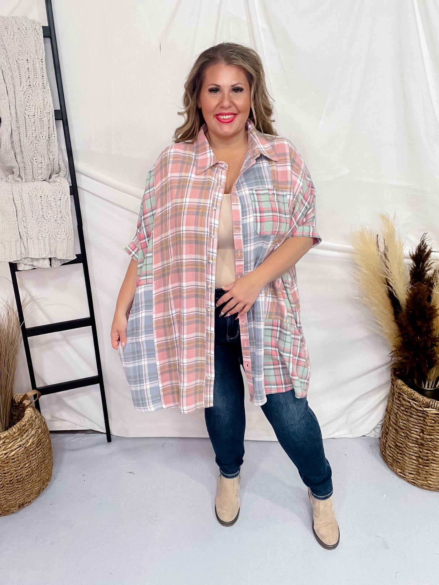 Multicolored Half Sleeve Plaid Flannel - Whiskey Skies - WHITE BIRCH