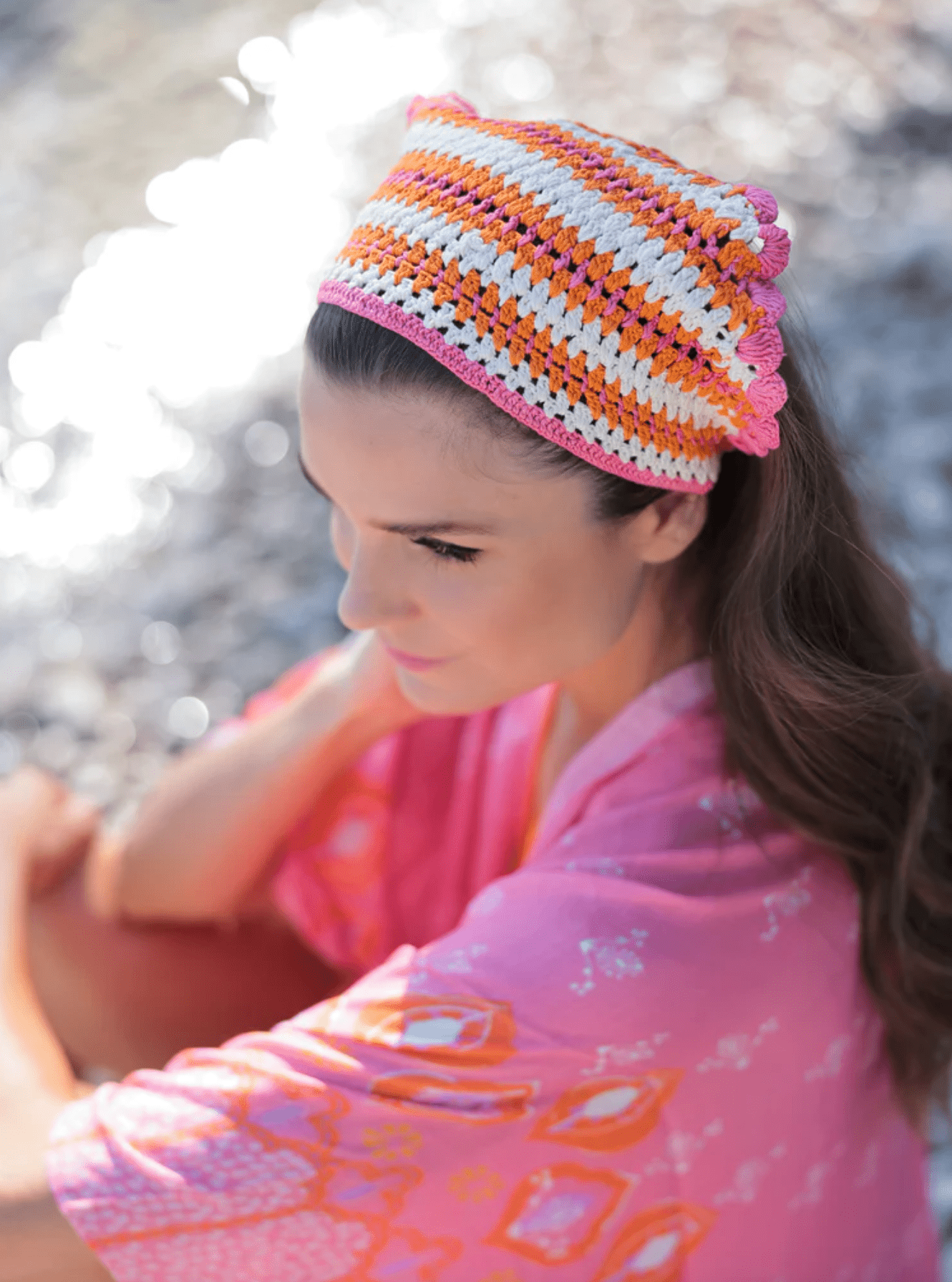 Multicolored Stripe Crochet Headscarf - Whiskey Skies - SHIRALEAH