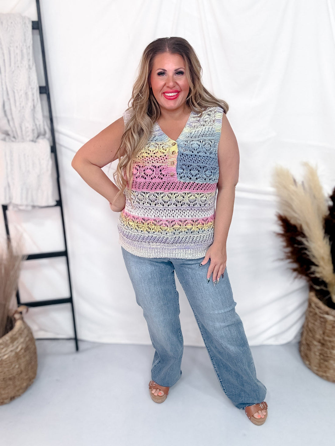 Multicolored V - Neck Knitted Tank Top - Whiskey Skies - DAVI & DANI