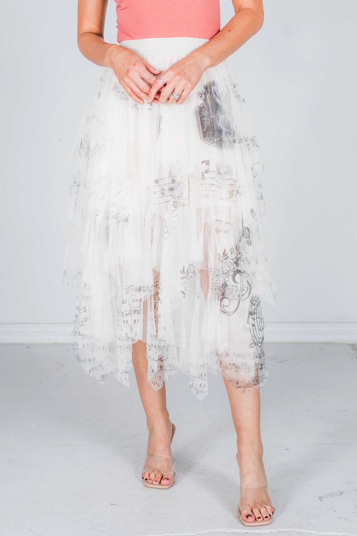 Musical Notes Ivory Mesh Skirt - Whiskey Skies - ORIGAMI APPAREL