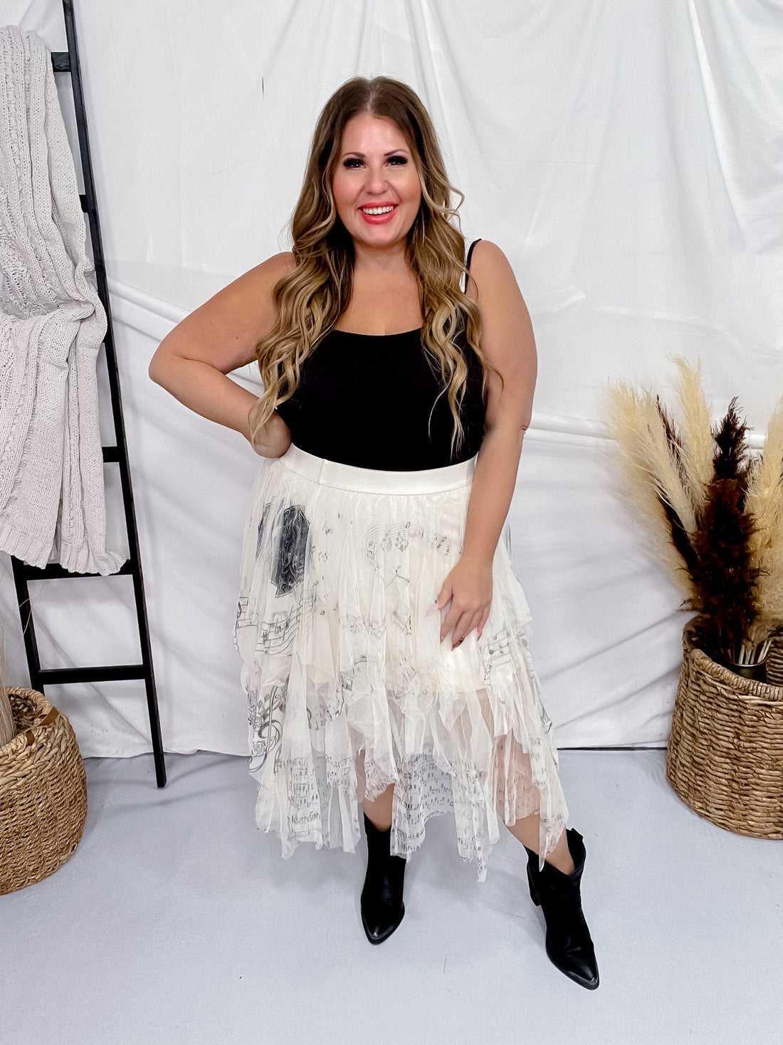 Musical Notes Ivory Mesh Skirt - Whiskey Skies - ORIGAMI APPAREL