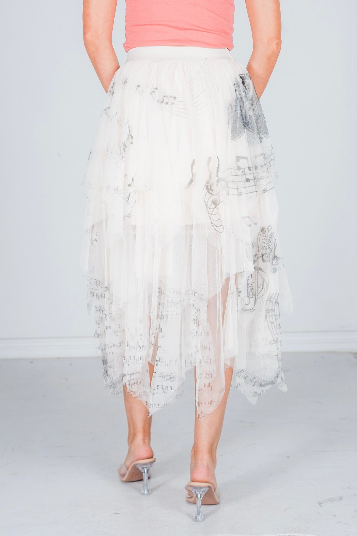 Musical Notes Ivory Mesh Skirt - Whiskey Skies - ORIGAMI APPAREL