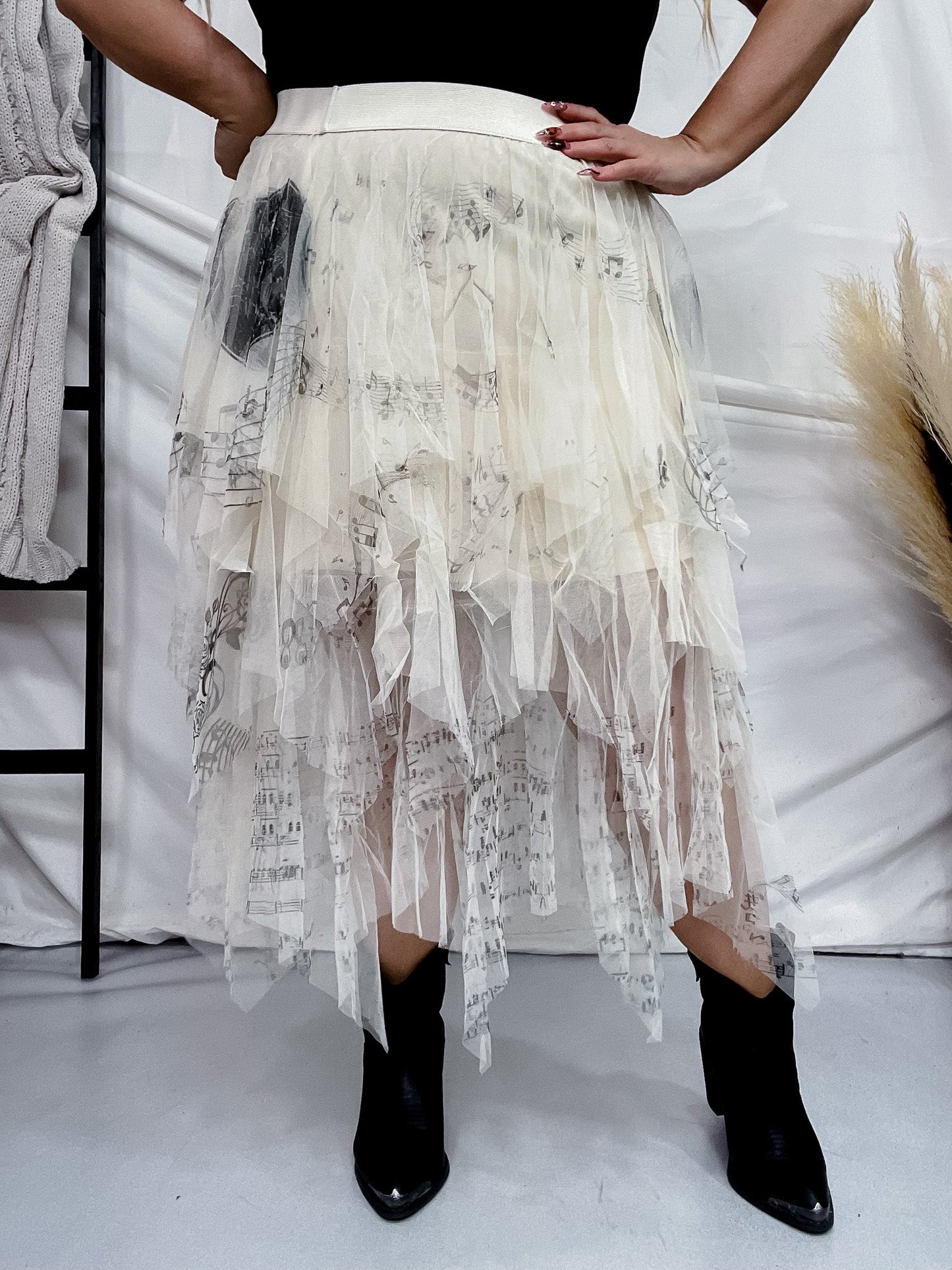 Musical Notes Ivory Mesh Skirt - Whiskey Skies - ORIGAMI APPAREL