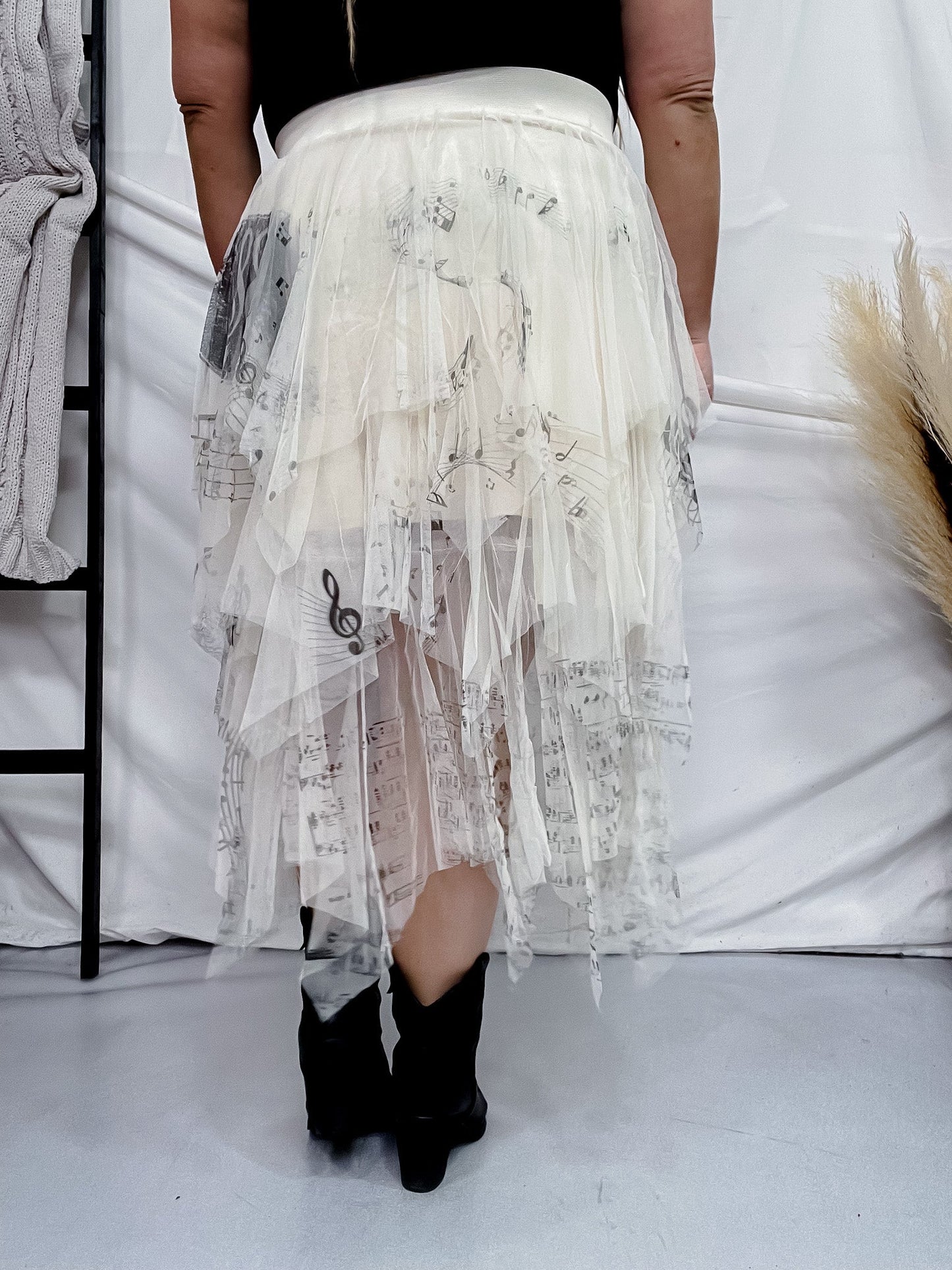Musical Notes Ivory Mesh Skirt - Whiskey Skies - ORIGAMI APPAREL