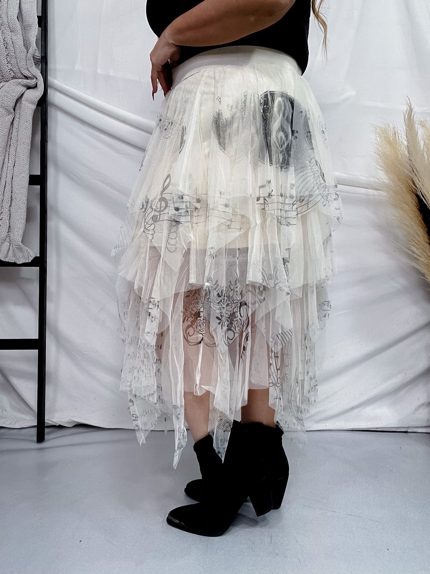 Musical Notes Ivory Mesh Skirt - Whiskey Skies - ORIGAMI APPAREL