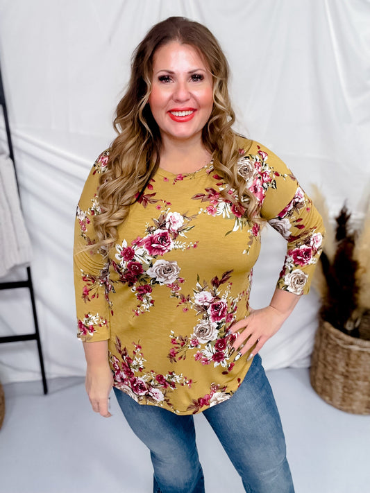 Mustard 3/4 Sleeve Floral Print Top - Whiskey Skies - DEAR SCARLETT