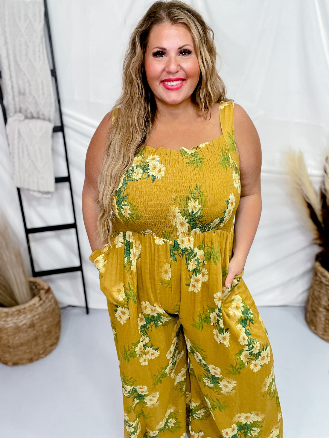 Mustard Floral Print Ruffle Detail Smocked Jumpsuit - Whiskey Skies - DAVI & DANI