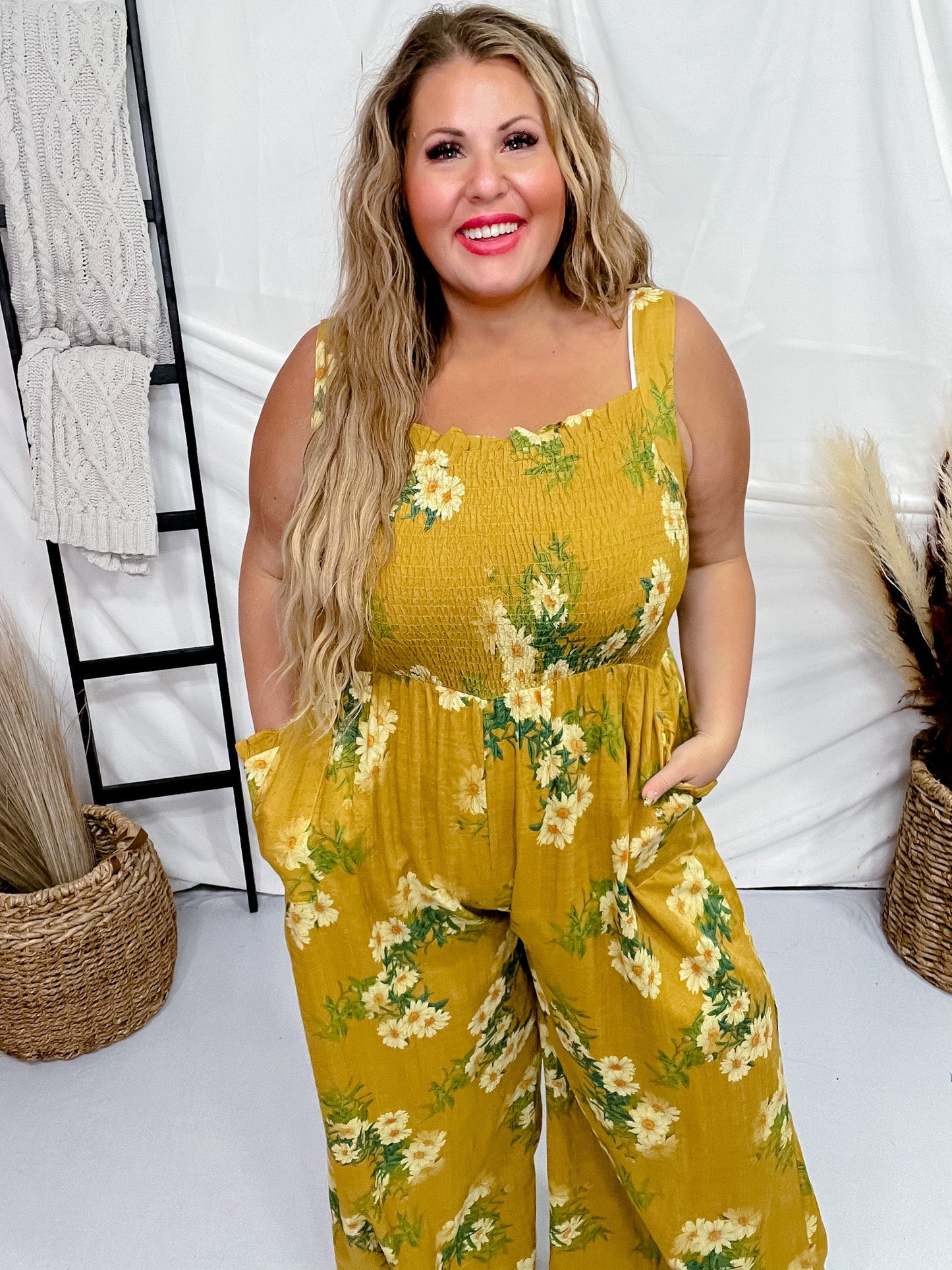 Mustard Floral Print Ruffle Detail Smocked Jumpsuit - Whiskey Skies - DAVI & DANI