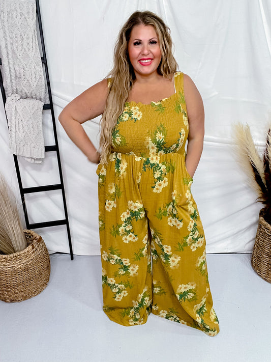 Mustard Floral Print Ruffle Detail Smocked Jumpsuit - Whiskey Skies - DAVI & DANI