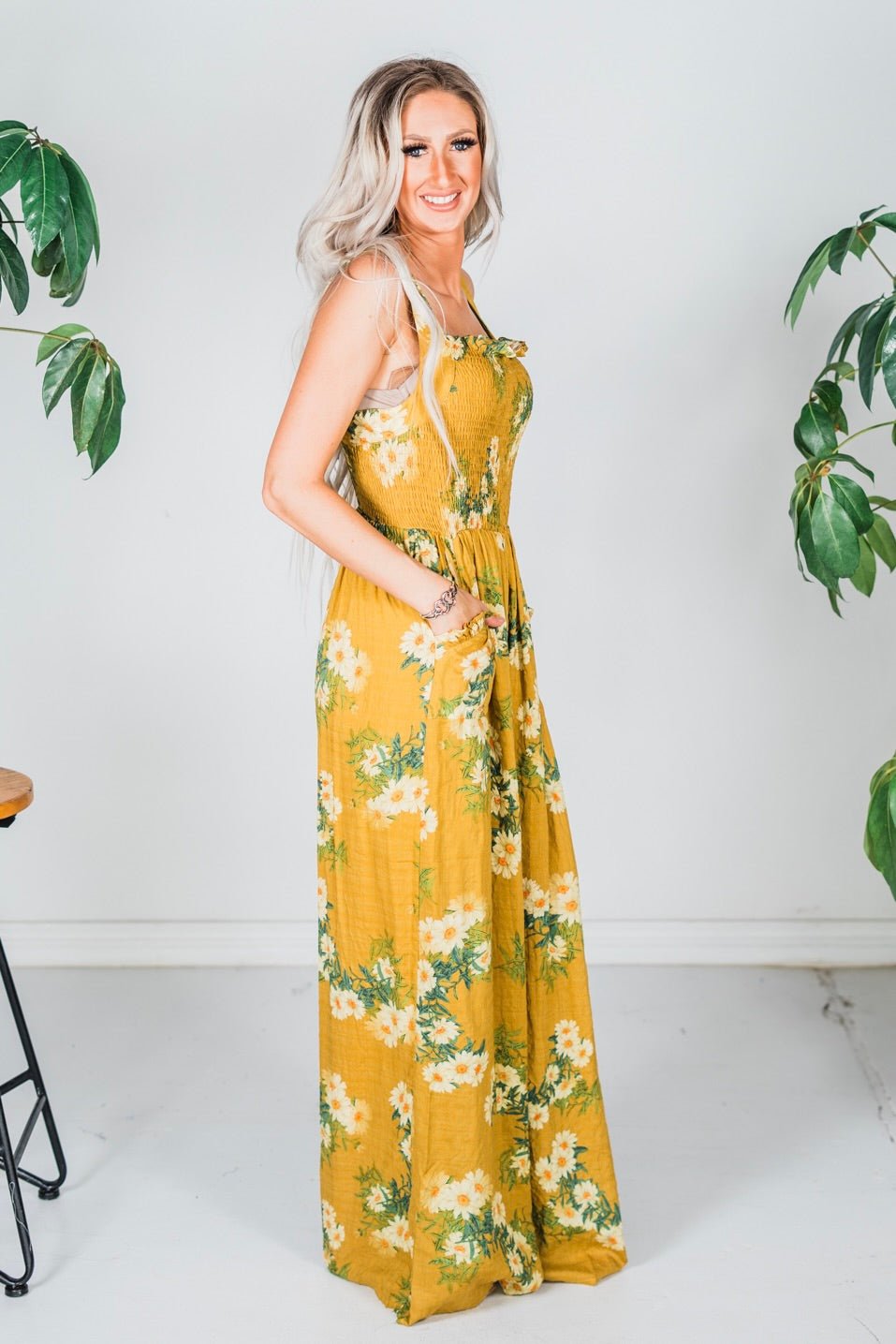 Mustard Floral Print Ruffle Detail Smocked Jumpsuit - Whiskey Skies - DAVI & DANI