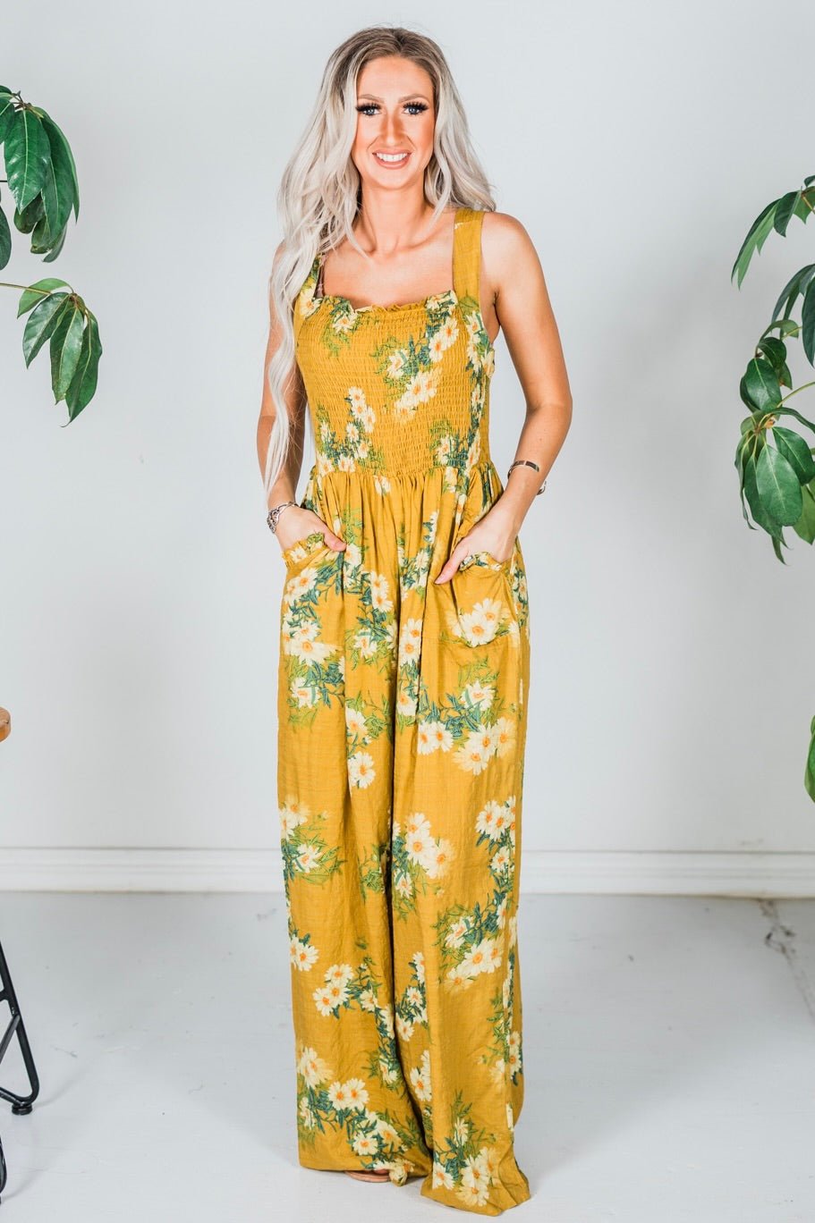 Mustard Floral Print Ruffle Detail Smocked Jumpsuit - Whiskey Skies - DAVI & DANI