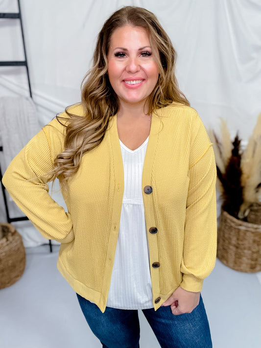 Mustard Yellow Ribbed Button Down Cardigan - Whiskey Skies - STYLIVE