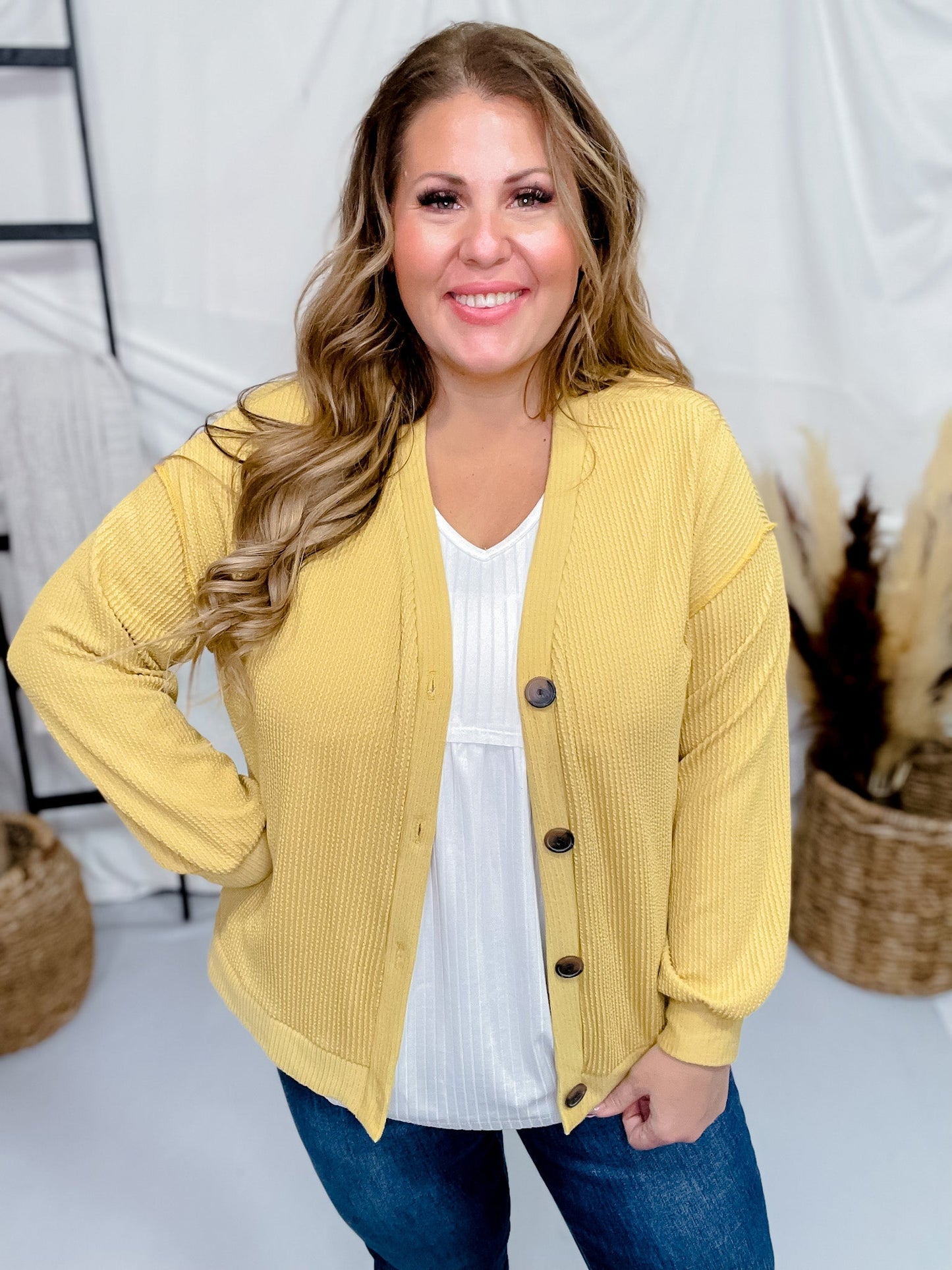 Mustard Yellow Ribbed Button Down Cardigan - Whiskey Skies - STYLIVE