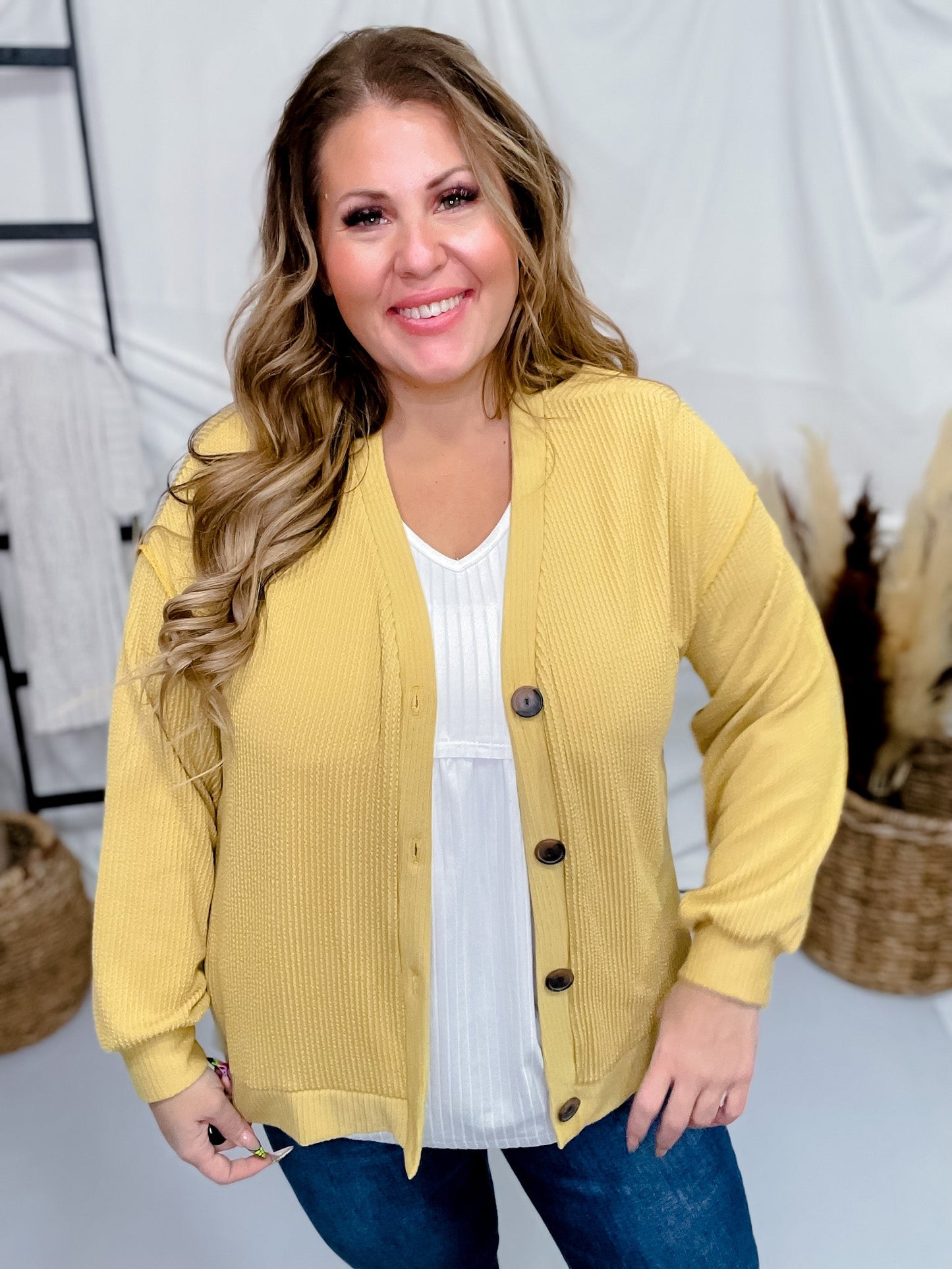 Mustard Yellow Ribbed Button Down Cardigan - Whiskey Skies - STYLIVE