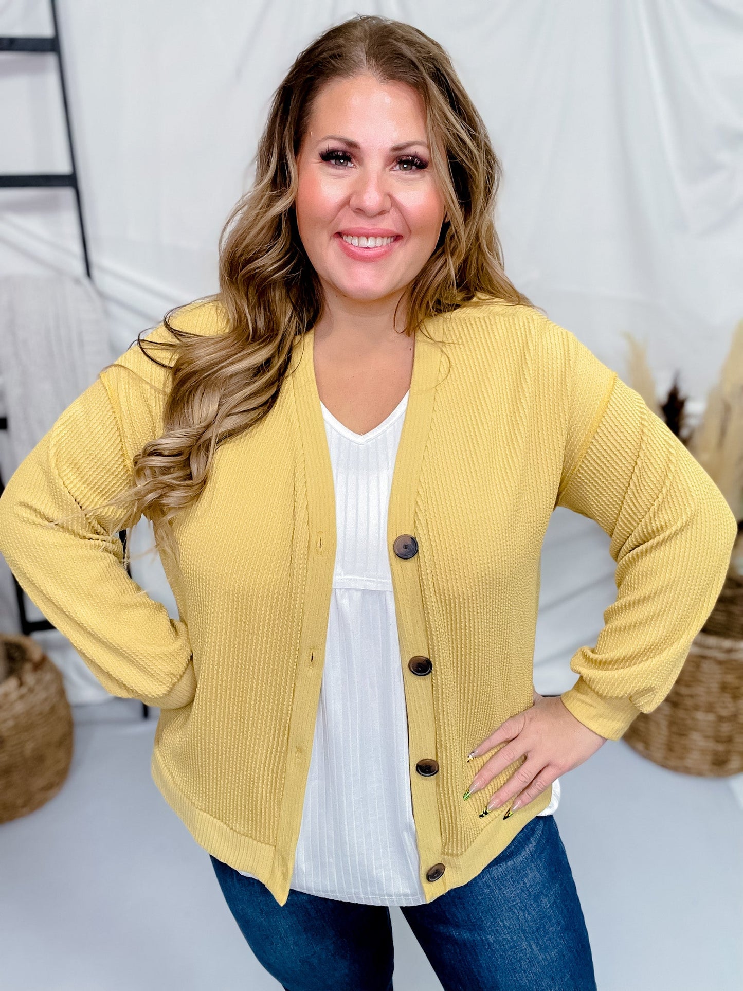 Mustard Yellow Ribbed Button Down Cardigan - Whiskey Skies - STYLIVE