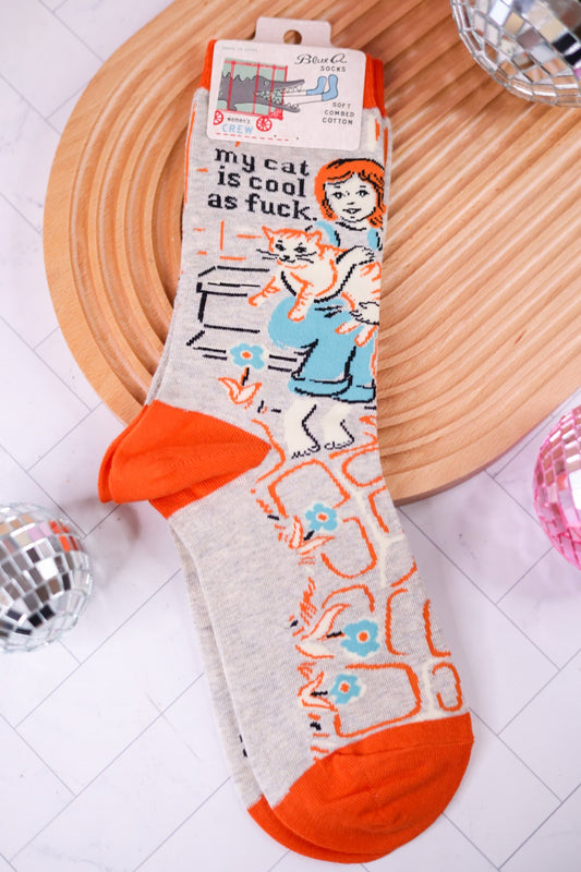 My Cat is Cool as F*** Crew Socks - Whiskey Skies - BLUE Q
